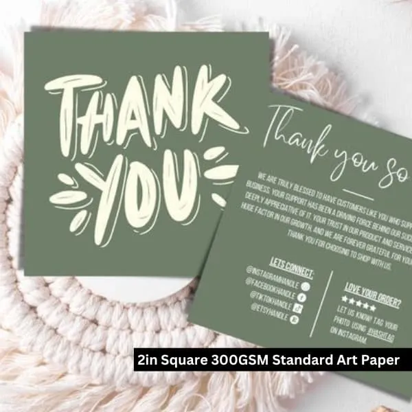 Printed thank you card design showing customer message and branding details