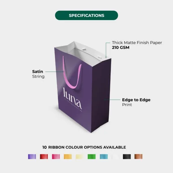 Custom paper bag with satin ribbon handles and Velvet finish