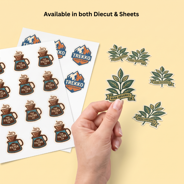 Custom shape stickers as die-cut singles and on a sheet